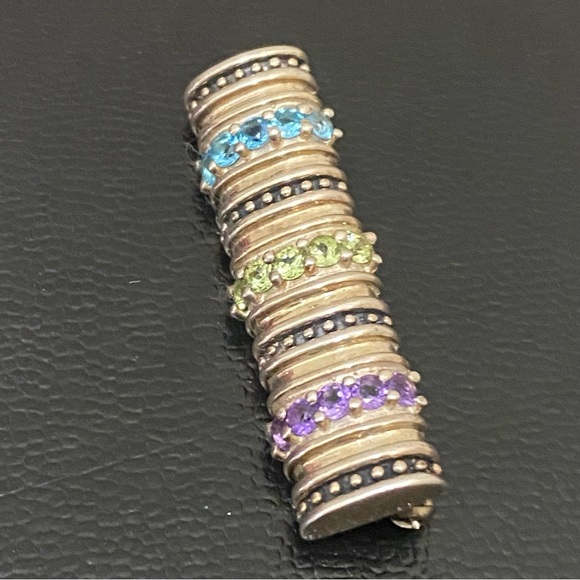Vintage CID 925 Sterling Signed Amethyst Blue Topaz Peridot Bar Pendant Brooch - Picture 15 of 16